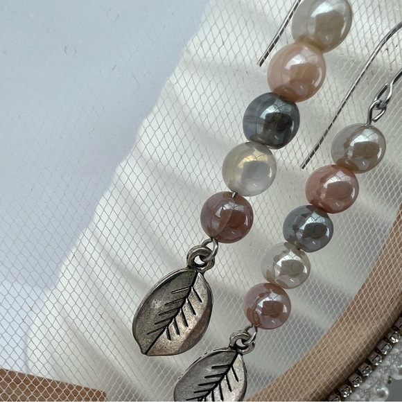 MOONSTONE Beaded Long Earrings & Silver Leaf Accent - Picture 9 of 14